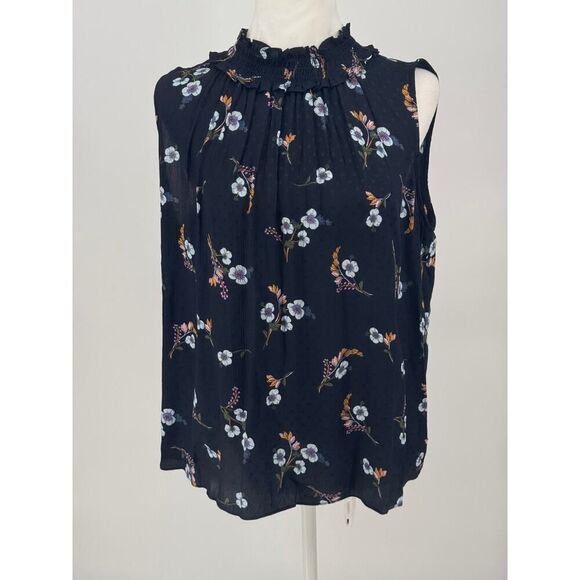 Rebecca Taylor Navy Floral 100% Silk Sleeveless Top Blouse Size 6 Ruffled Neck - Picture 1 of 9